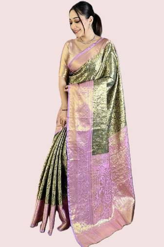 Floral zari silk blend heavy work kanjeevaram saree