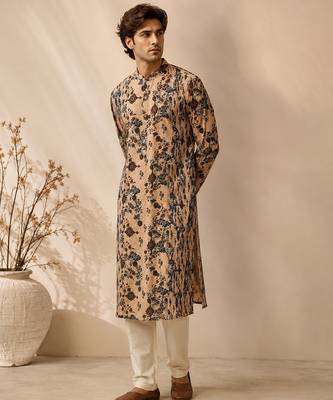 Beige printed chanderi kurta set 1