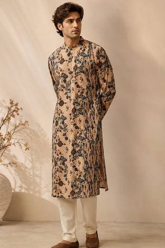 Beige printed chanderi kurta set