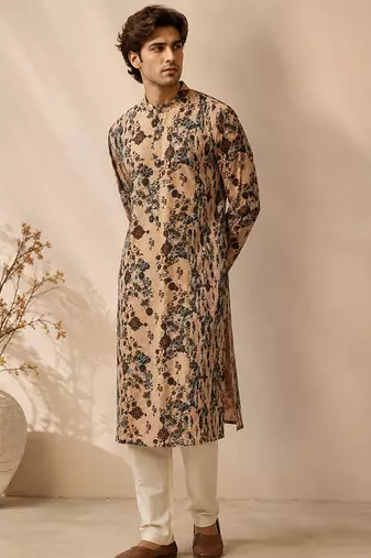 Beige printed chanderi kurta set