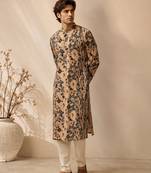 Beige printed chanderi kurta set