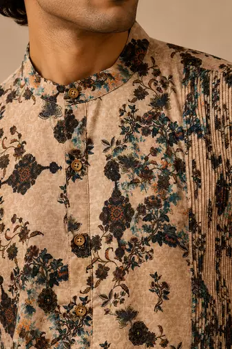 Beige printed chanderi kurta set