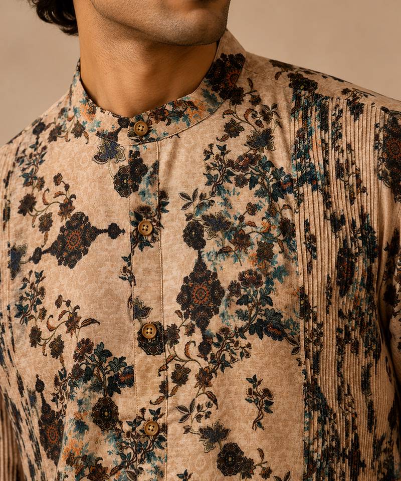 Beige printed chanderi kurta set