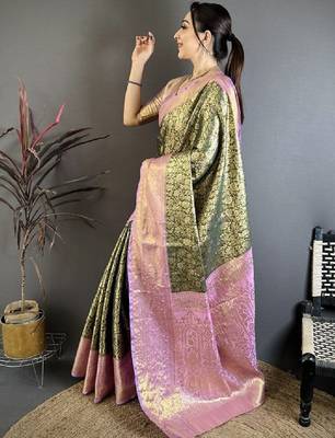 Floral zari silk blend heavy work kanjeevaram saree 3