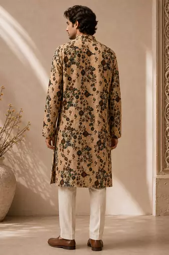Beige printed chanderi kurta set