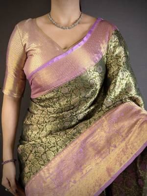 Floral zari silk blend heavy work kanjeevaram saree 4