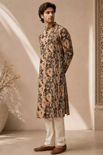 Beige printed chanderi kurta set