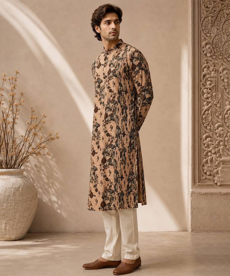Beige printed chanderi kurta set