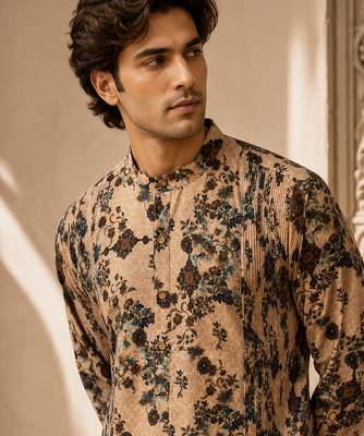 Beige printed chanderi kurta set 5