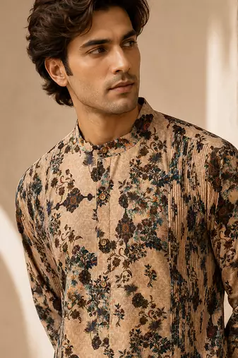Beige printed chanderi kurta set