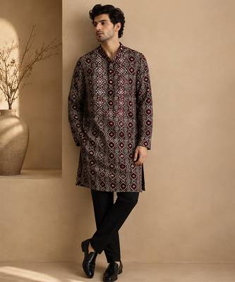 Black and maroon cotton kurta set 1