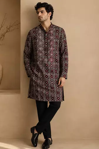 Black and maroon cotton kurta set
