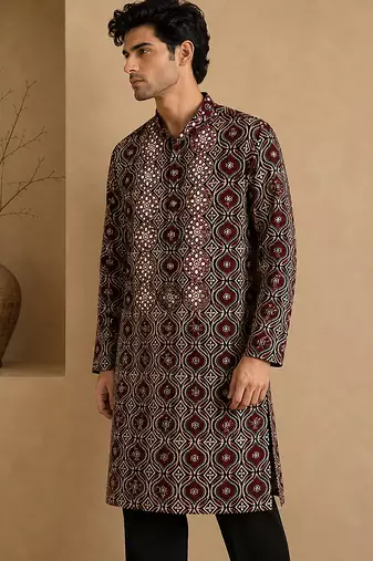 Black and maroon cotton kurta set