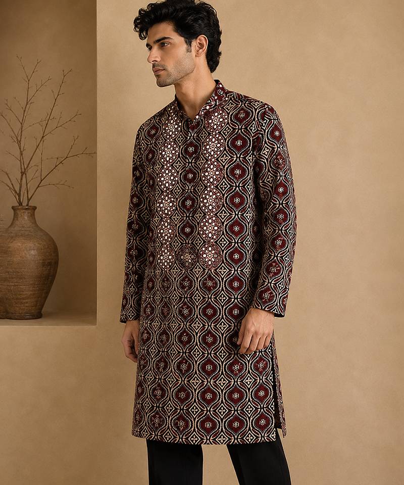 Black and maroon cotton kurta set