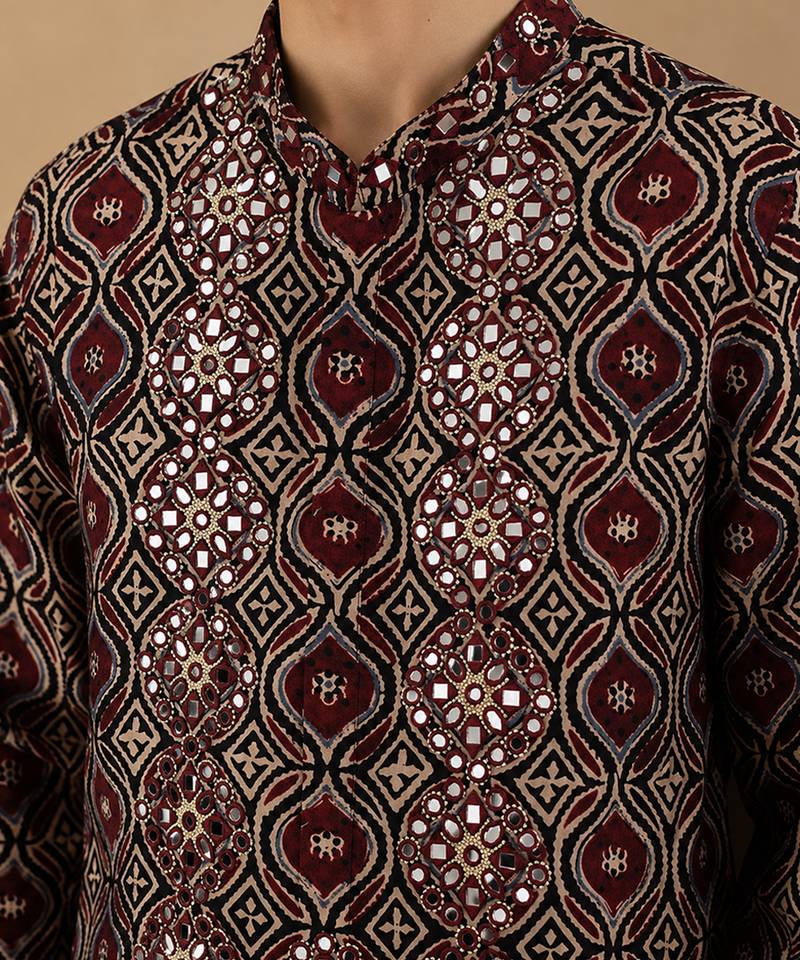 Black and maroon cotton kurta set