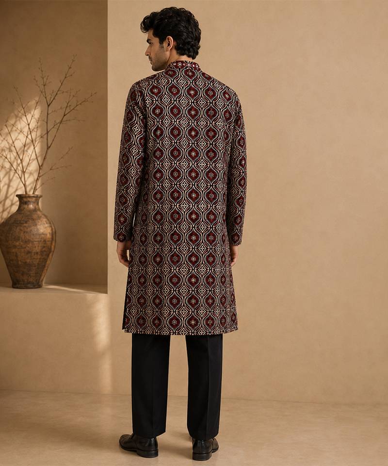 Black and maroon cotton kurta set