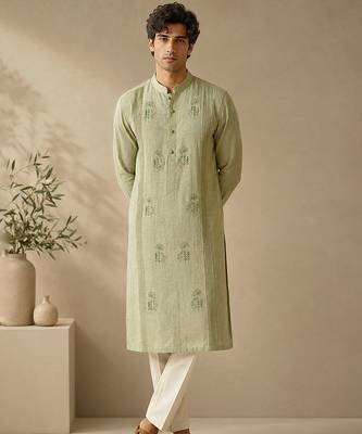 Green and yellow pure linen kurta set 1