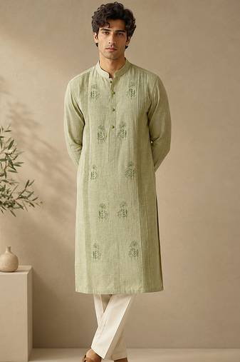 Green and yellow pure linen kurta set