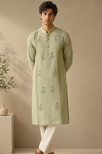 Green and yellow pure linen kurta set
