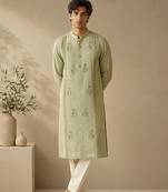 Green and yellow pure linen kurta set