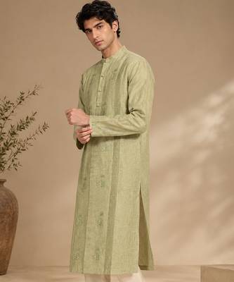 Green and yellow pure linen kurta set 2