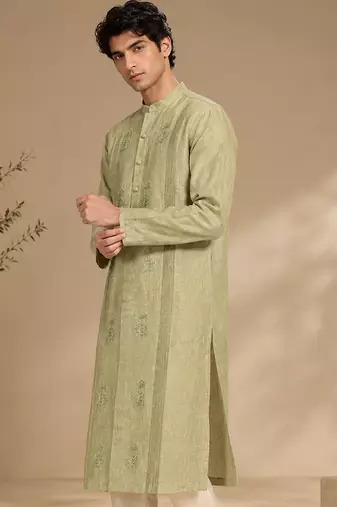 Green and yellow pure linen kurta set