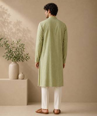 Green and yellow pure linen kurta set 3