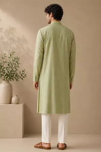 Green and yellow pure linen kurta set