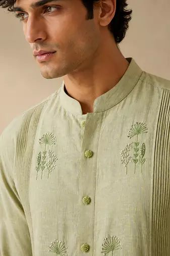 Green and yellow pure linen kurta set