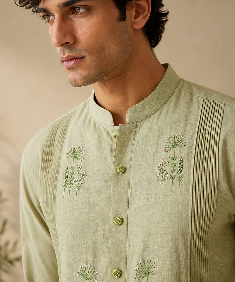 Green and yellow pure linen kurta set