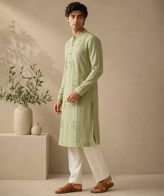 Green and yellow pure linen kurta set 5