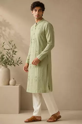 Green and yellow pure linen kurta set