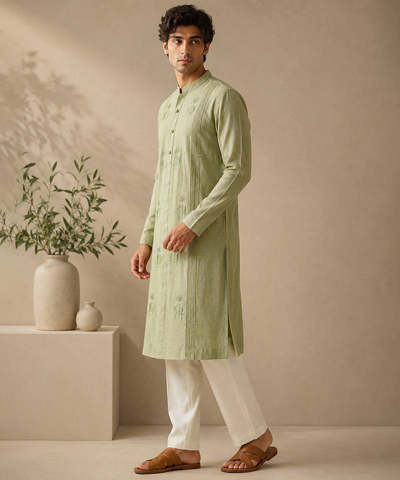 Green and yellow pure linen kurta set