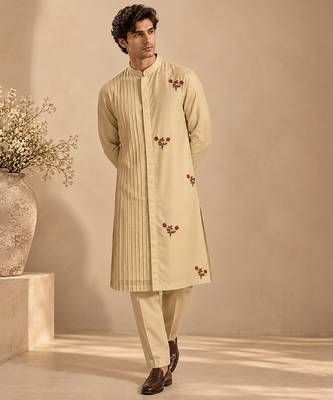 Beige cotton silk kurta set 1