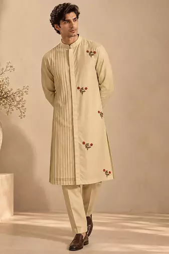 Beige cotton silk kurta set