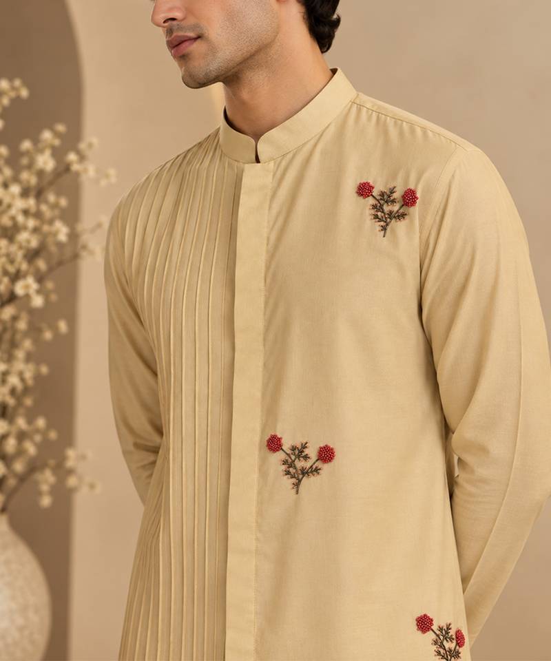 Beige cotton silk kurta set