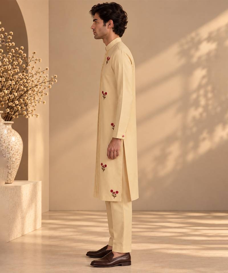Beige cotton silk kurta set