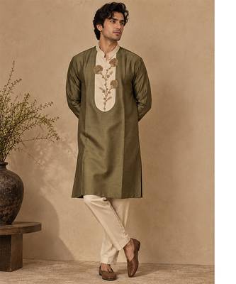 Olive green and beige cotton silk kurta set 1