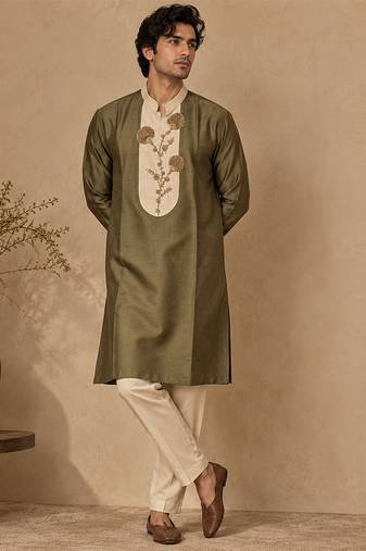 Olive green and beige cotton silk kurta set