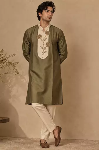 Olive green and beige cotton silk kurta set