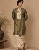Olive green and beige cotton silk kurta set
