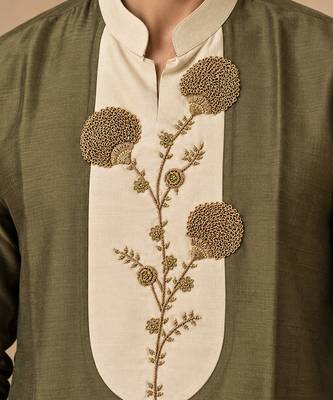 Olive green and beige cotton silk kurta set 2