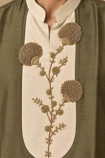 Olive green and beige cotton silk kurta set