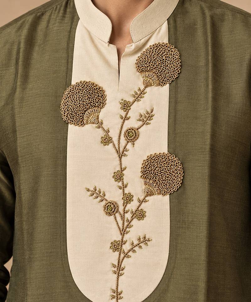Olive green and beige cotton silk kurta set