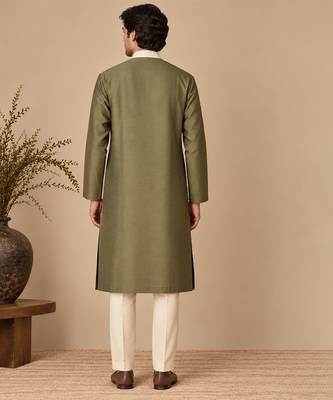 Olive green and beige cotton silk kurta set 3