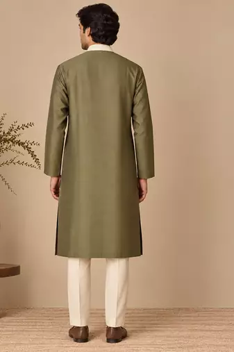 Olive green and beige cotton silk kurta set