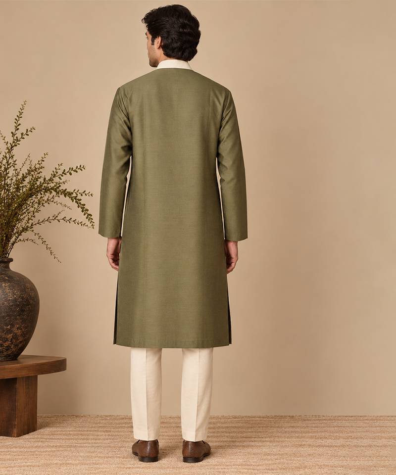Olive green and beige cotton silk kurta set