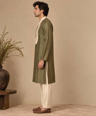 Olive green and beige cotton silk kurta set 4