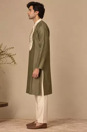 Olive green and beige cotton silk kurta set