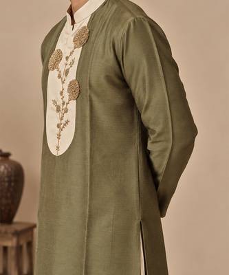 Olive green and beige cotton silk kurta set 5